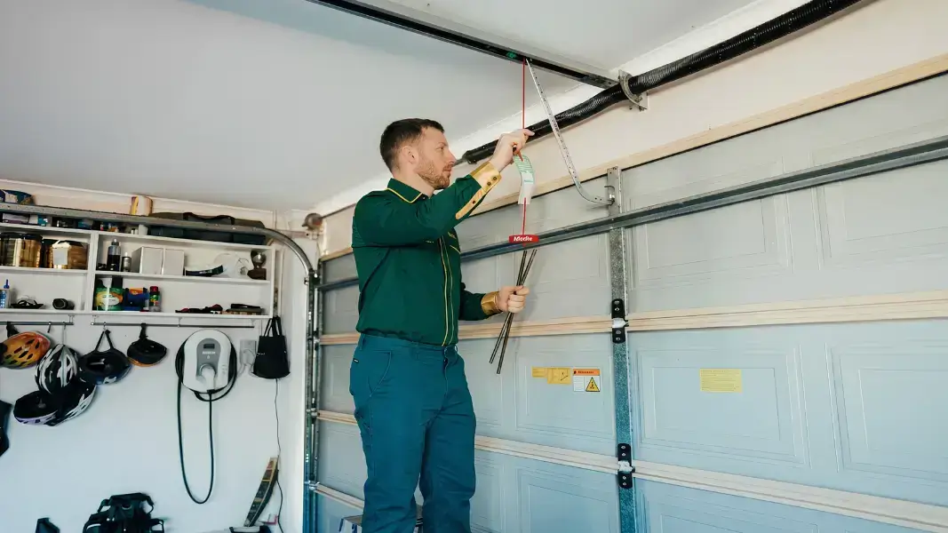 Technician performing annual garage door maintenance in Denver