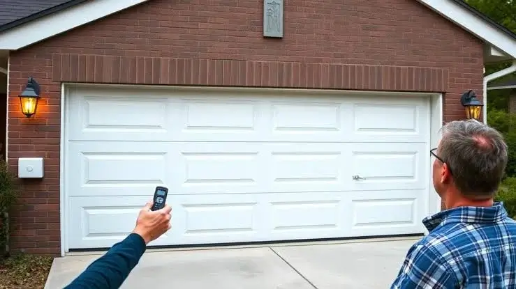 Technician testing insulated garage door balance and safety sensors