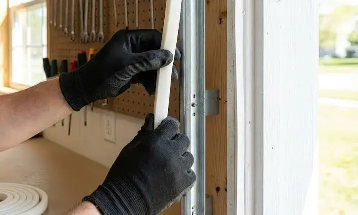 Weatherstripping and seal being applied to insulated garage door