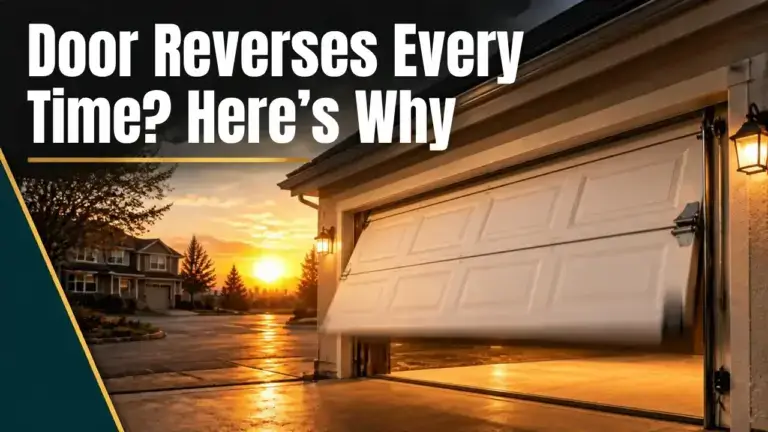 Garage door reverses partway through closing in a Denver driveway at sunset