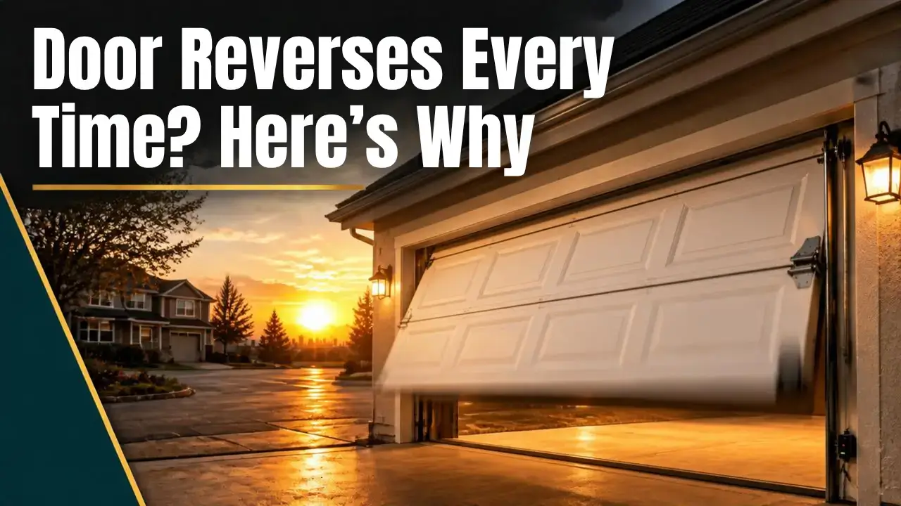 Garage door reverses partway through closing in a Denver driveway at sunset