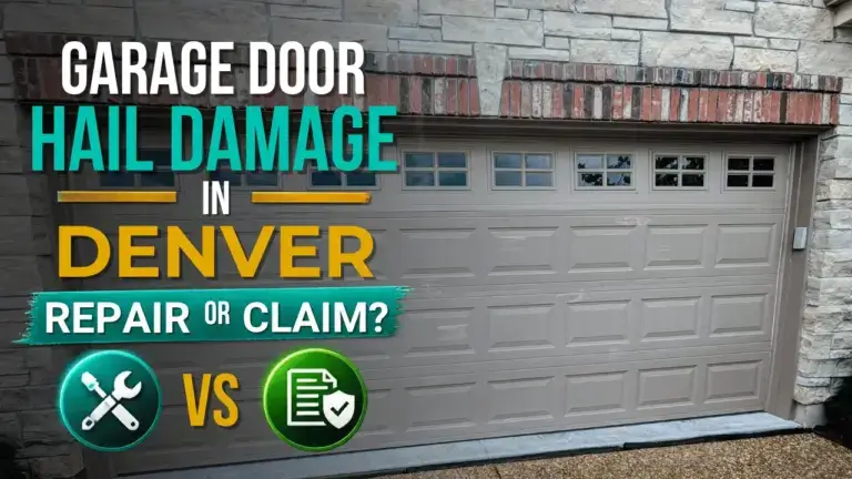 Garage door hail damage with dents across the steel panels of a Denver home