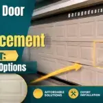 Garage door panel replacement needed on a dented steel panel at a Denver home