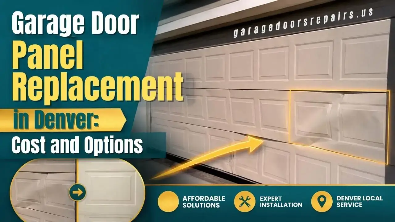 Garage door panel replacement needed on a dented steel panel at a Denver home