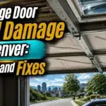 Garage door wind damage with a bent track and buckled panel on a Denver home