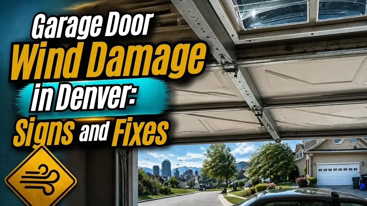 Garage door wind damage with a bent track and buckled panel on a Denver home